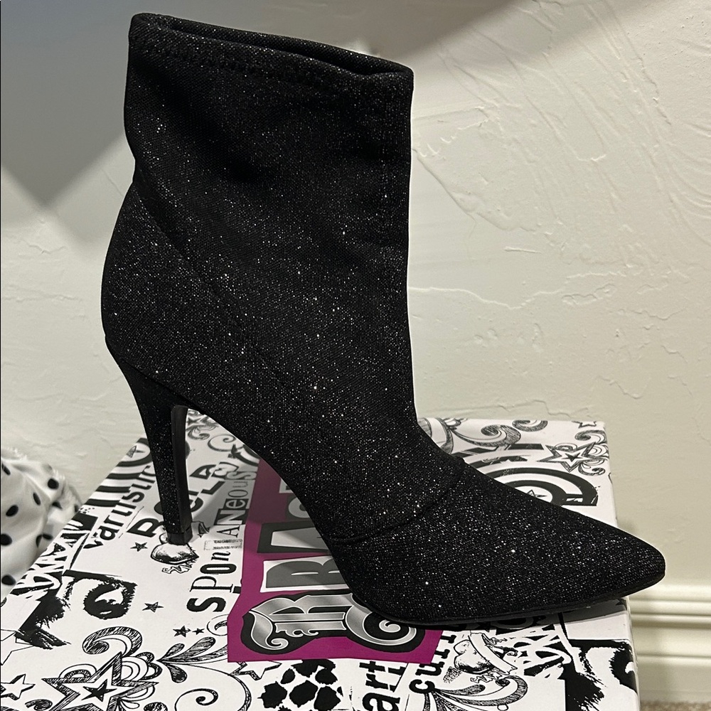 Brash Black Glitter Pointed Stiletto Ankle Booties